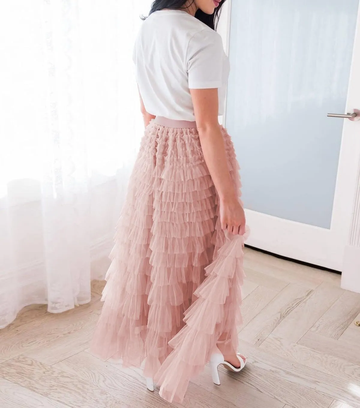 Women's Layered Tule Skirt Tiered Tulle Dress A-Line Ruffle Mesh High Waist Tiered Skirt Princess Party Maxi Skirt