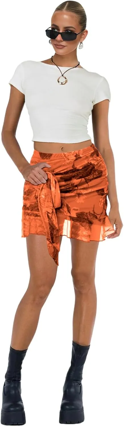 Women's Mesh Mini Skirt Tie High Waist Summer Floral Print Ruched Ruffle Short Skirts