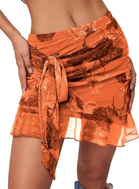 Women's Mesh Mini Skirt Tie High Waist Summer Floral Print Ruched Ruffle Short Skirts