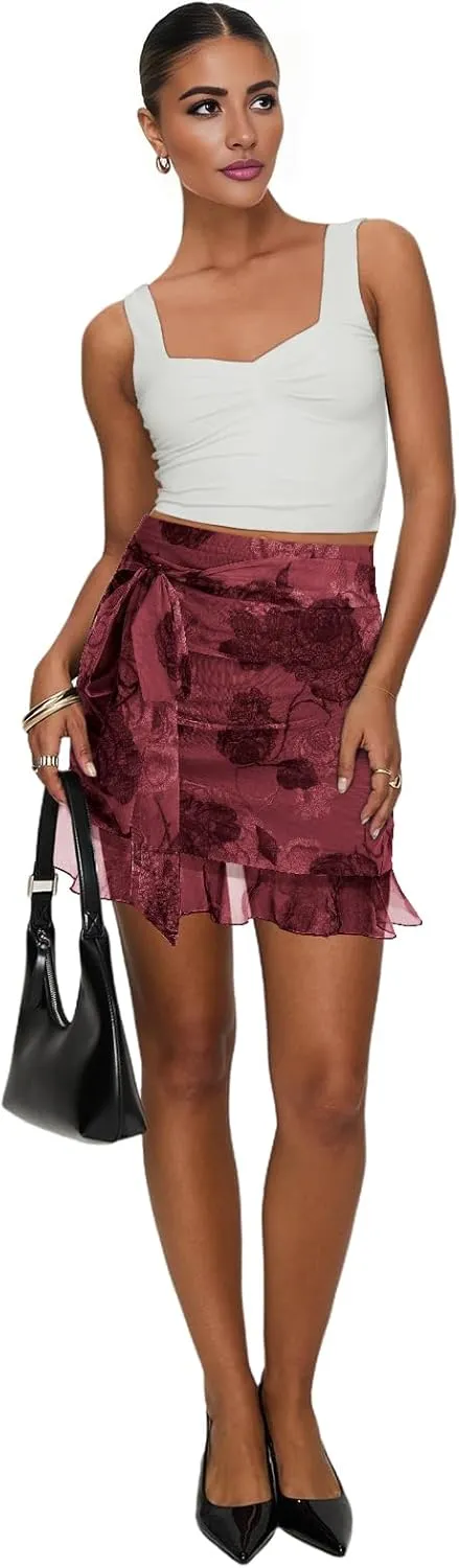 Women's Mesh Mini Skirt Tie High Waist Summer Floral Print Ruched Ruffle Short Skirts