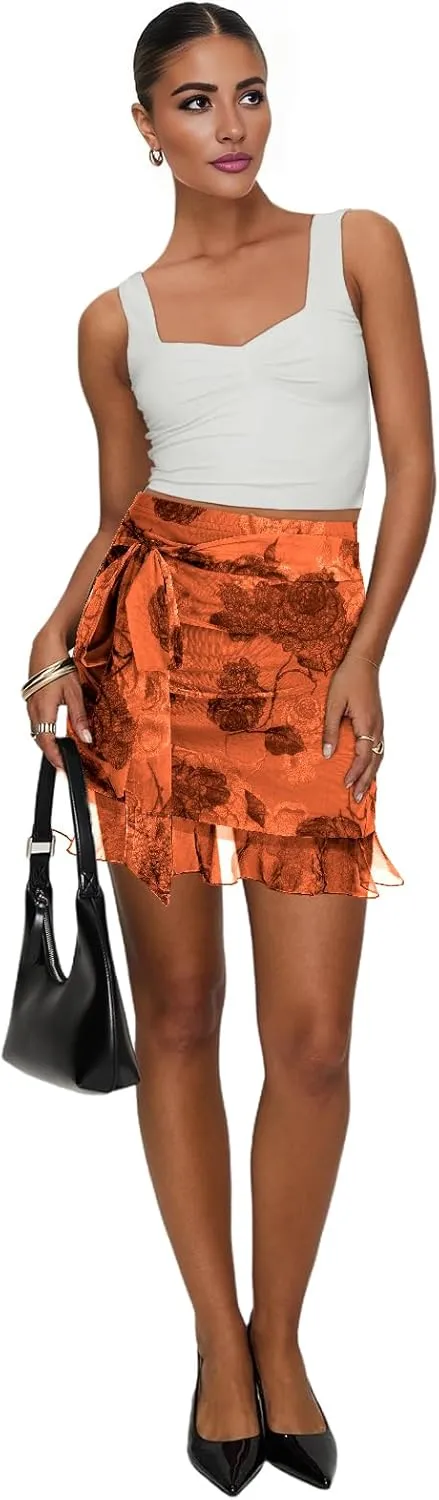 Women's Mesh Mini Skirt Tie High Waist Summer Floral Print Ruched Ruffle Short Skirts