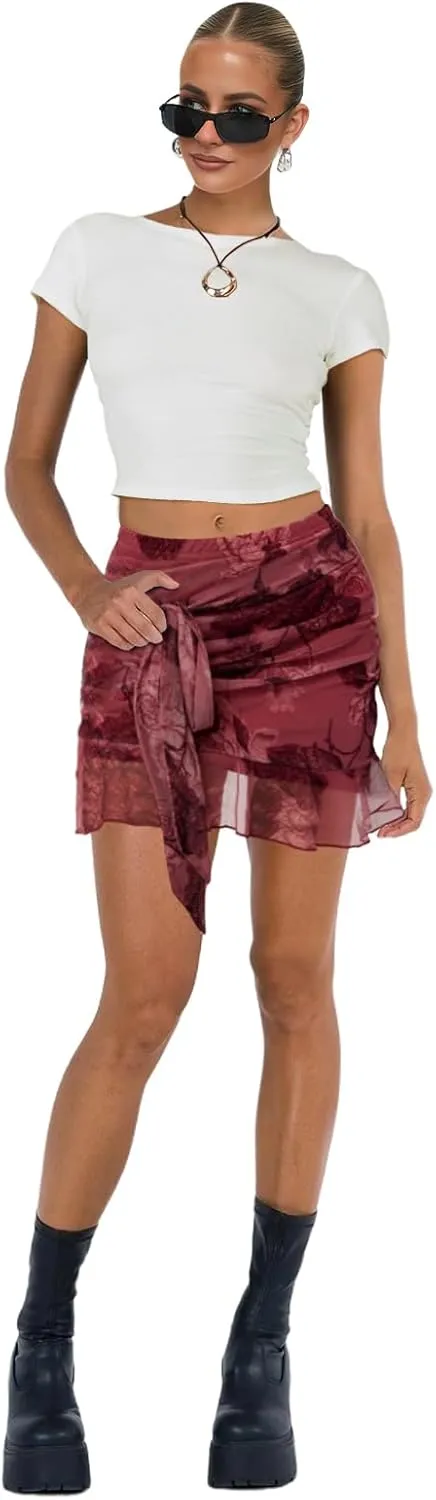 Women's Mesh Mini Skirt Tie High Waist Summer Floral Print Ruched Ruffle Short Skirts