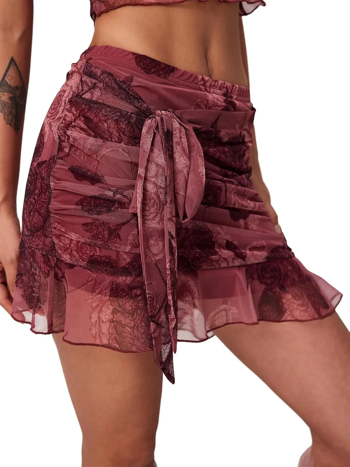 Women's Mesh Mini Skirt Tie High Waist Summer Floral Print Ruched Ruffle Short Skirts