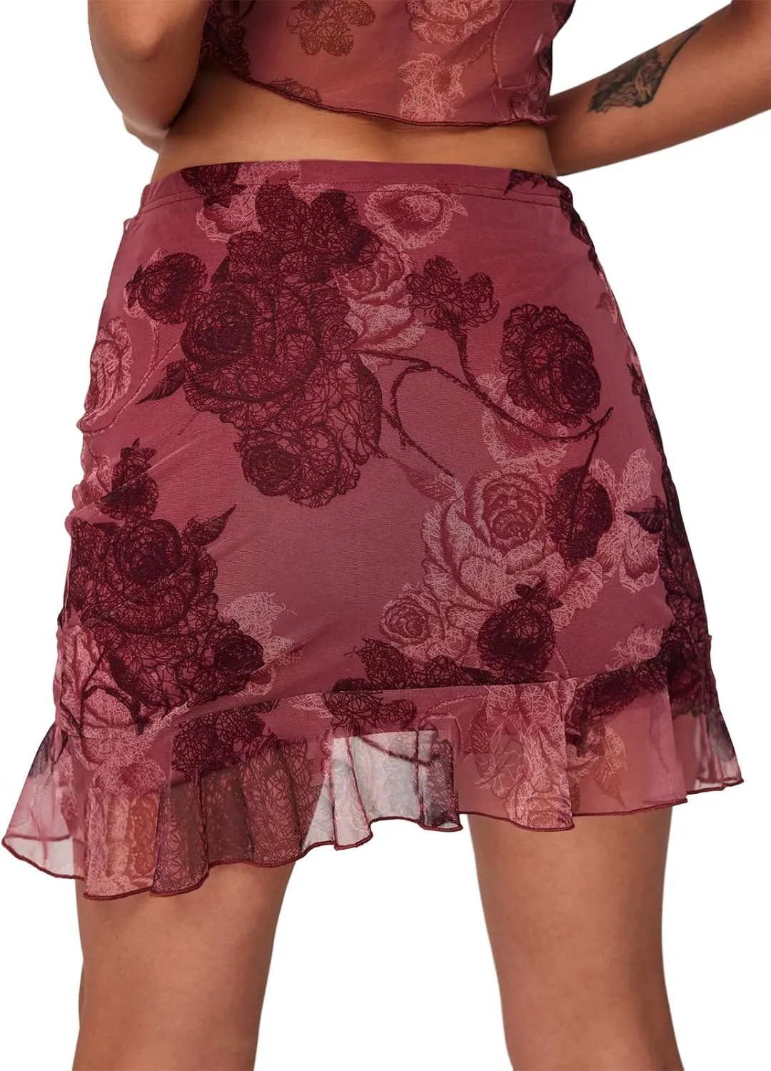 Women's Mesh Mini Skirt Tie High Waist Summer Floral Print Ruched Ruffle Short Skirts
