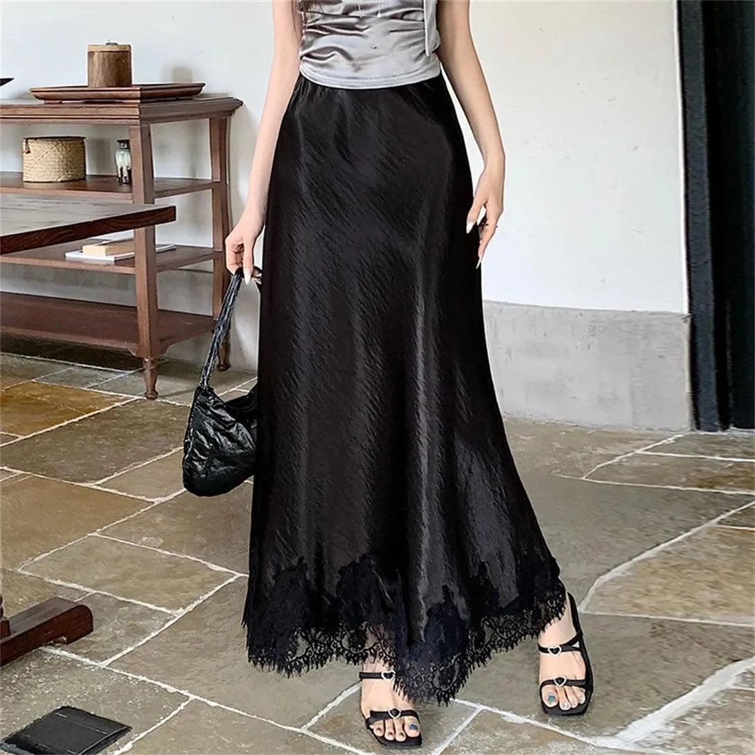 Women's Office Work Pencil Skirt Stretch High Waist Satin Lace Splicing Business Casual Long Skirt