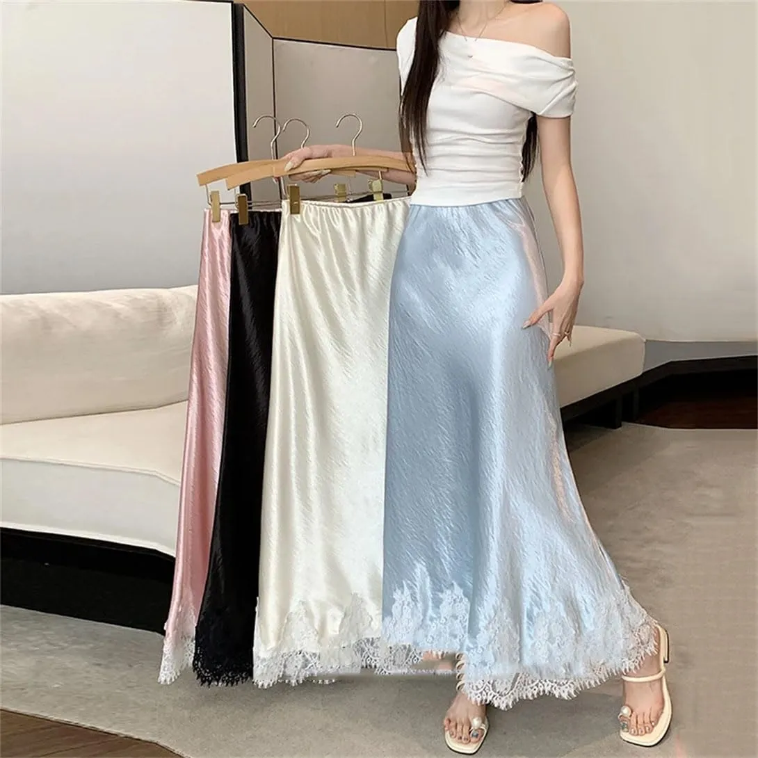 Women's Office Work Pencil Skirt Stretch High Waist Satin Lace Splicing Business Casual Long Skirt