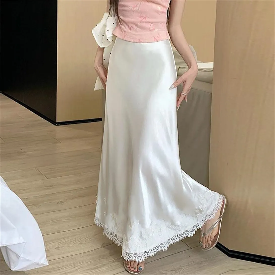 Women's Office Work Pencil Skirt Stretch High Waist Satin Lace Splicing Business Casual Long Skirt