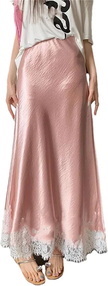 Women's Office Work Pencil Skirt Stretch High Waist Satin Lace Splicing Business Casual Long Skirt