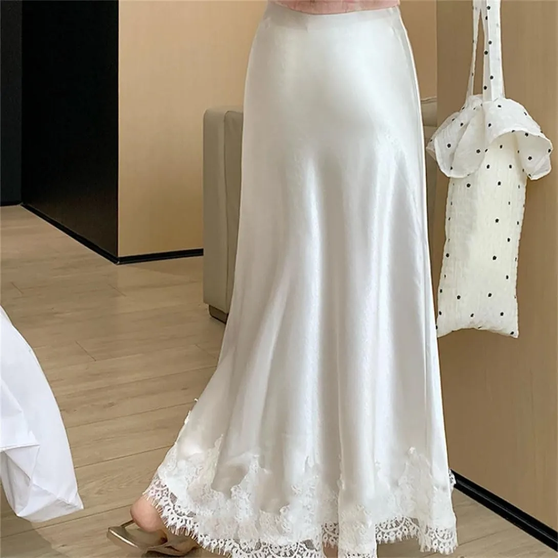Women's Office Work Pencil Skirt Stretch High Waist Satin Lace Splicing Business Casual Long Skirt