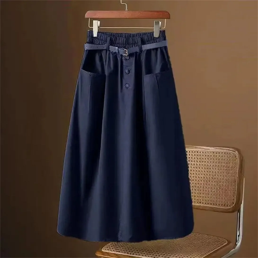 Women's Office Work Pencil Skirt Stretch High Waist with Pockets Business Casual Mid-Length Skirt
