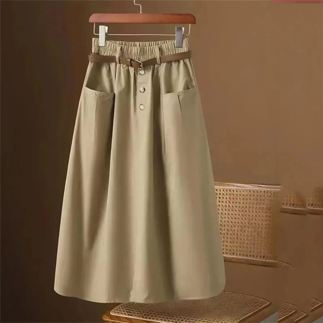 Women's Office Work Pencil Skirt Stretch High Waist with Pockets Business Casual Mid-Length Skirt