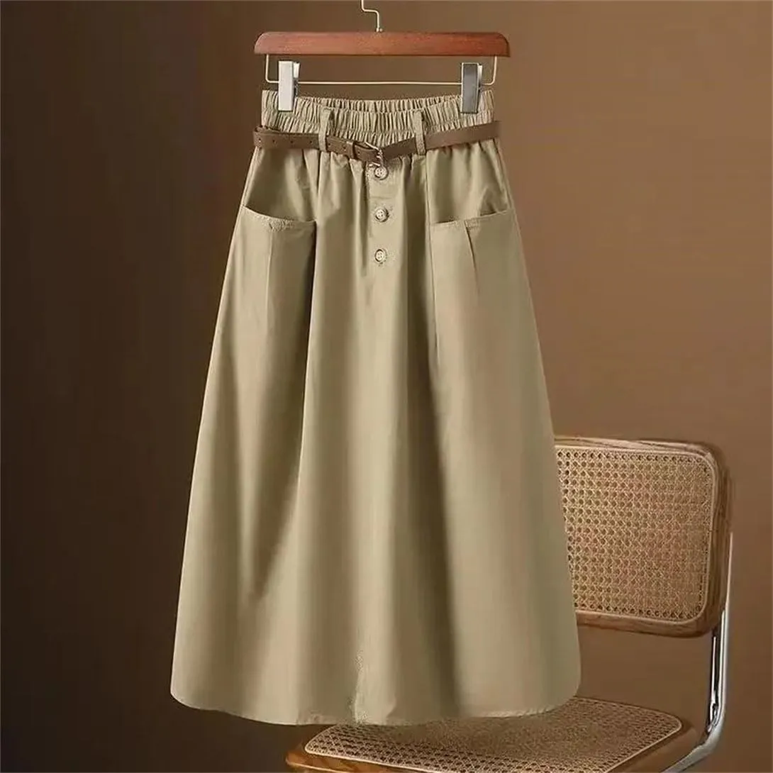 Women's Office Work Pencil Skirt Stretch High Waist with Pockets Business Casual Mid-Length Skirt
