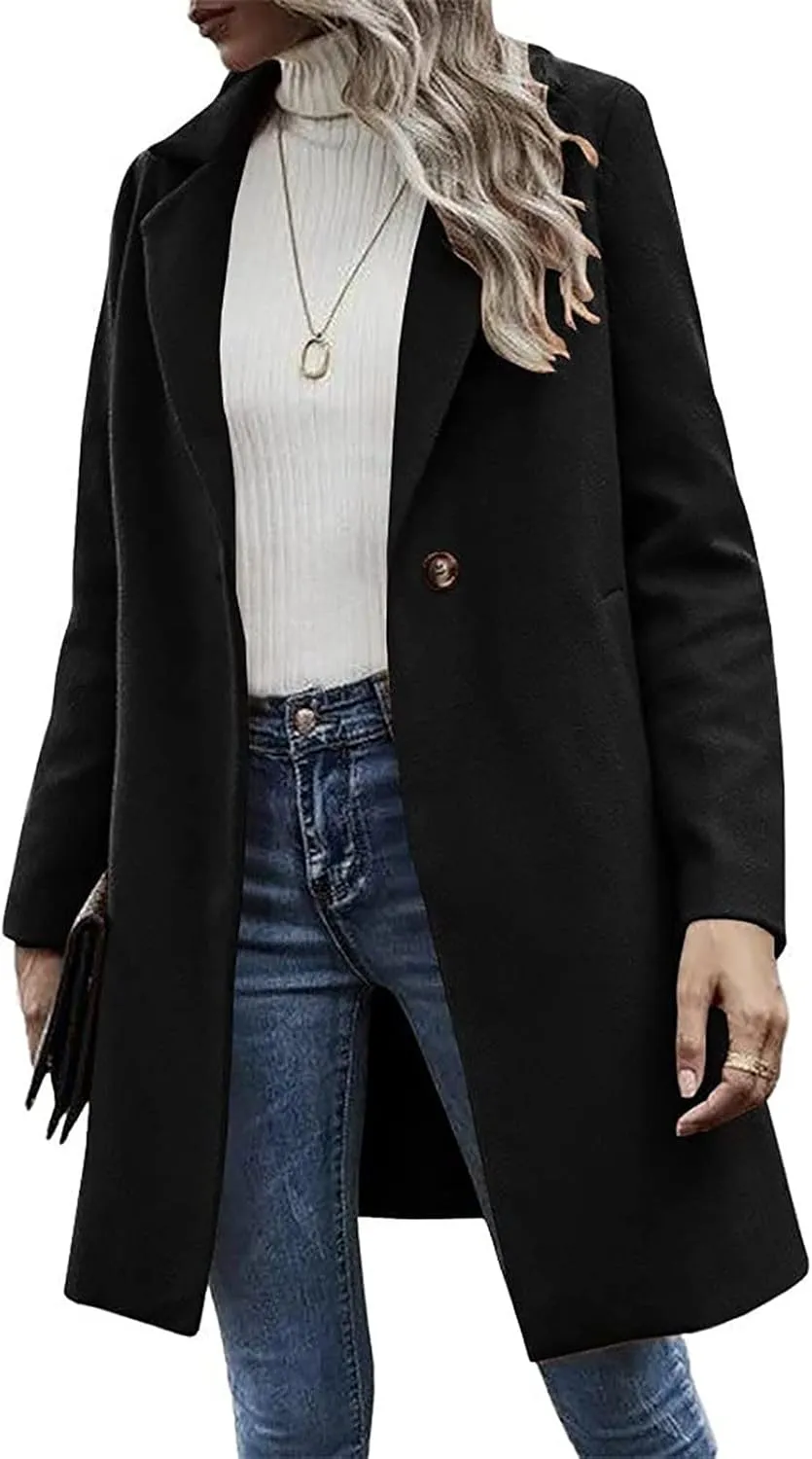Womens Pea Coat Casual Notch Lapel Cardigan Coats Single Breasted Open Front Wool Coats 2024 Fall Winter Overcoat
