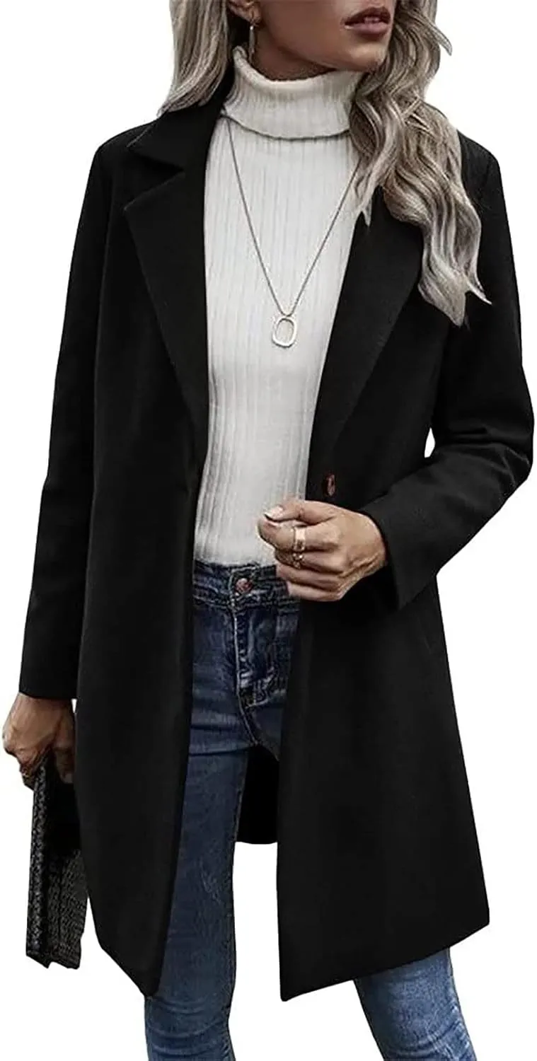 Womens Pea Coat Casual Notch Lapel Cardigan Coats Single Breasted Open Front Wool Coats 2024 Fall Winter Overcoat