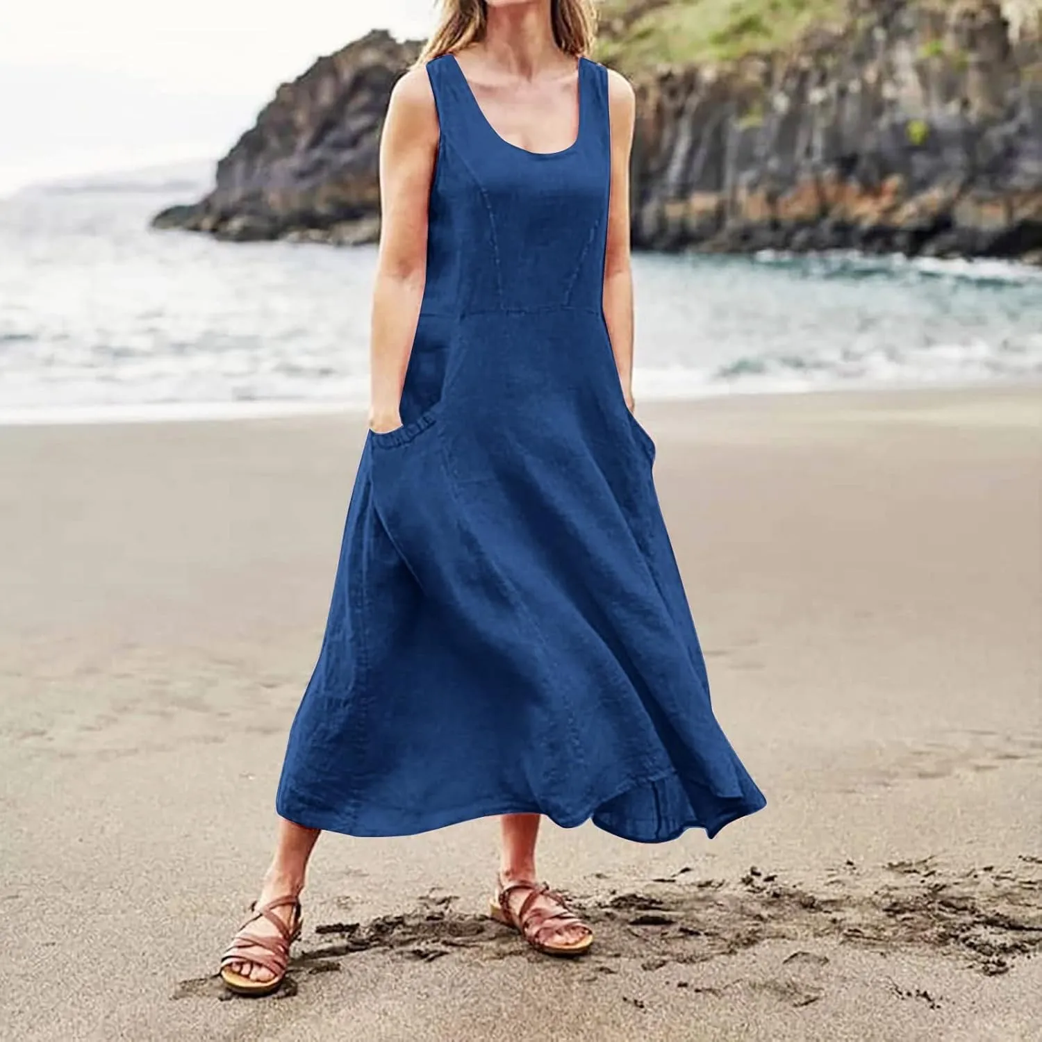 Women's Plus Size Summer Dresses Beach Sleeveless Cotton Linen Maxi Dress Flowy Boho Chic Casual Wear with Pockets