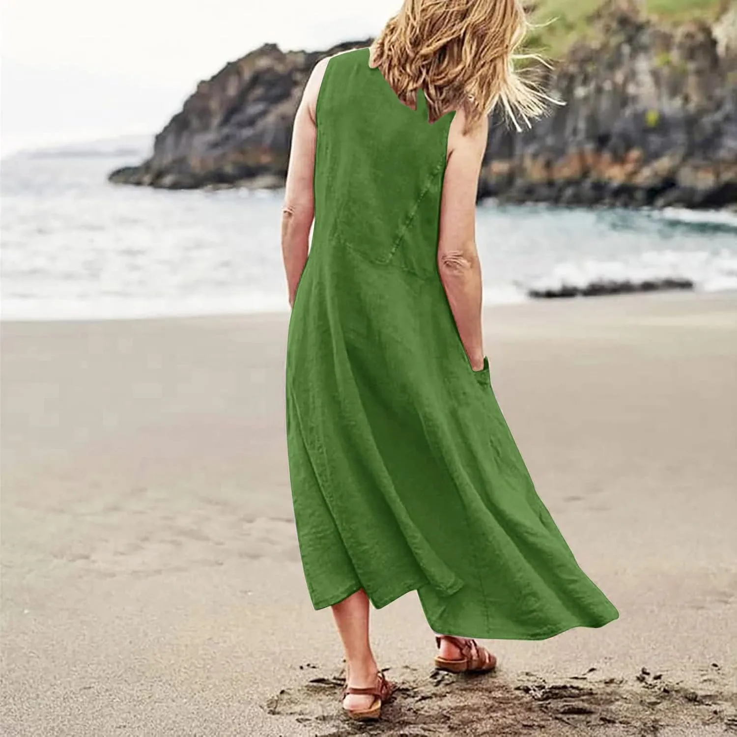 Women's Plus Size Summer Dresses Beach Sleeveless Cotton Linen Maxi Dress Flowy Boho Chic Casual Wear with Pockets