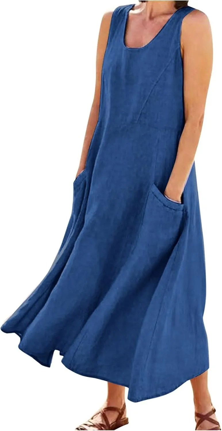 Women's Plus Size Summer Dresses Beach Sleeveless Cotton Linen Maxi Dress Flowy Boho Chic Casual Wear with Pockets