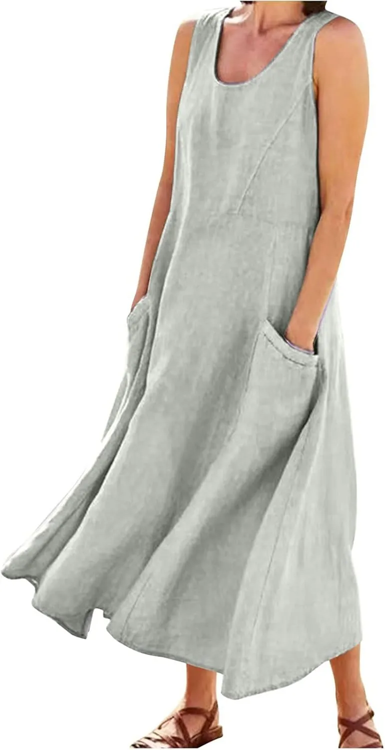 Women's Plus Size Summer Dresses Beach Sleeveless Cotton Linen Maxi Dress Flowy Boho Chic Casual Wear with Pockets