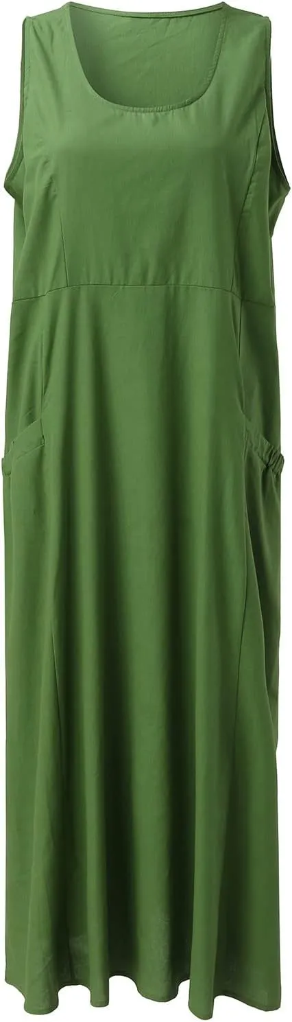 Women's Plus Size Summer Dresses Beach Sleeveless Cotton Linen Maxi Dress Flowy Boho Chic Casual Wear with Pockets