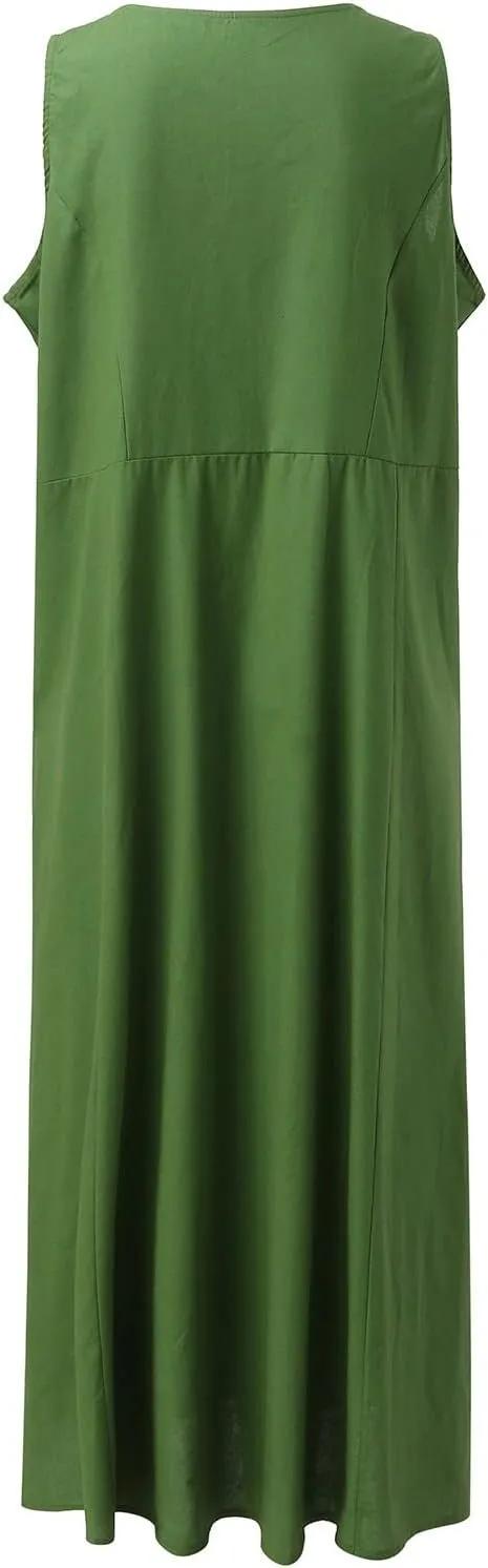 Women's Plus Size Summer Dresses Beach Sleeveless Cotton Linen Maxi Dress Flowy Boho Chic Casual Wear with Pockets