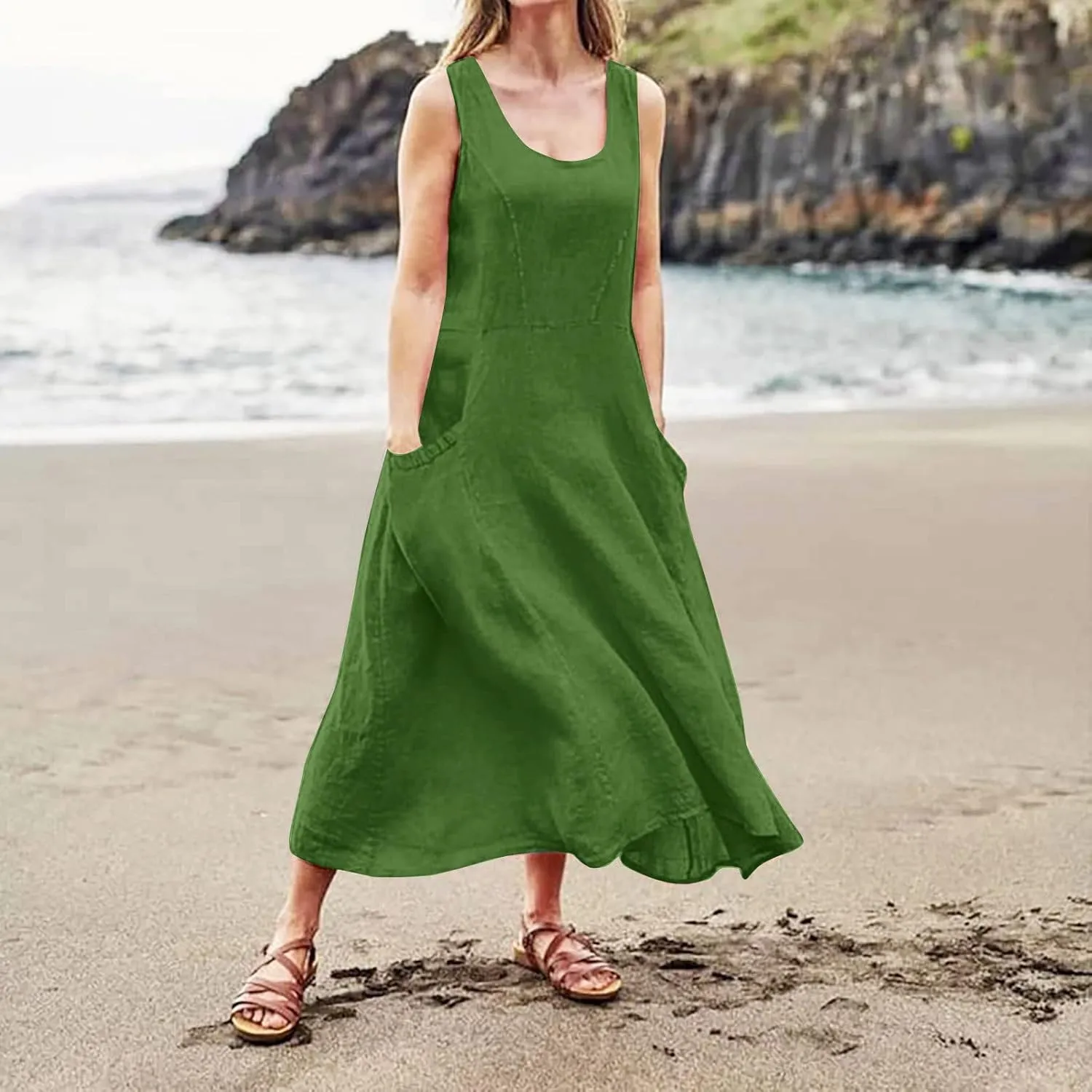 Women's Plus Size Summer Dresses Beach Sleeveless Cotton Linen Maxi Dress Flowy Boho Chic Casual Wear with Pockets