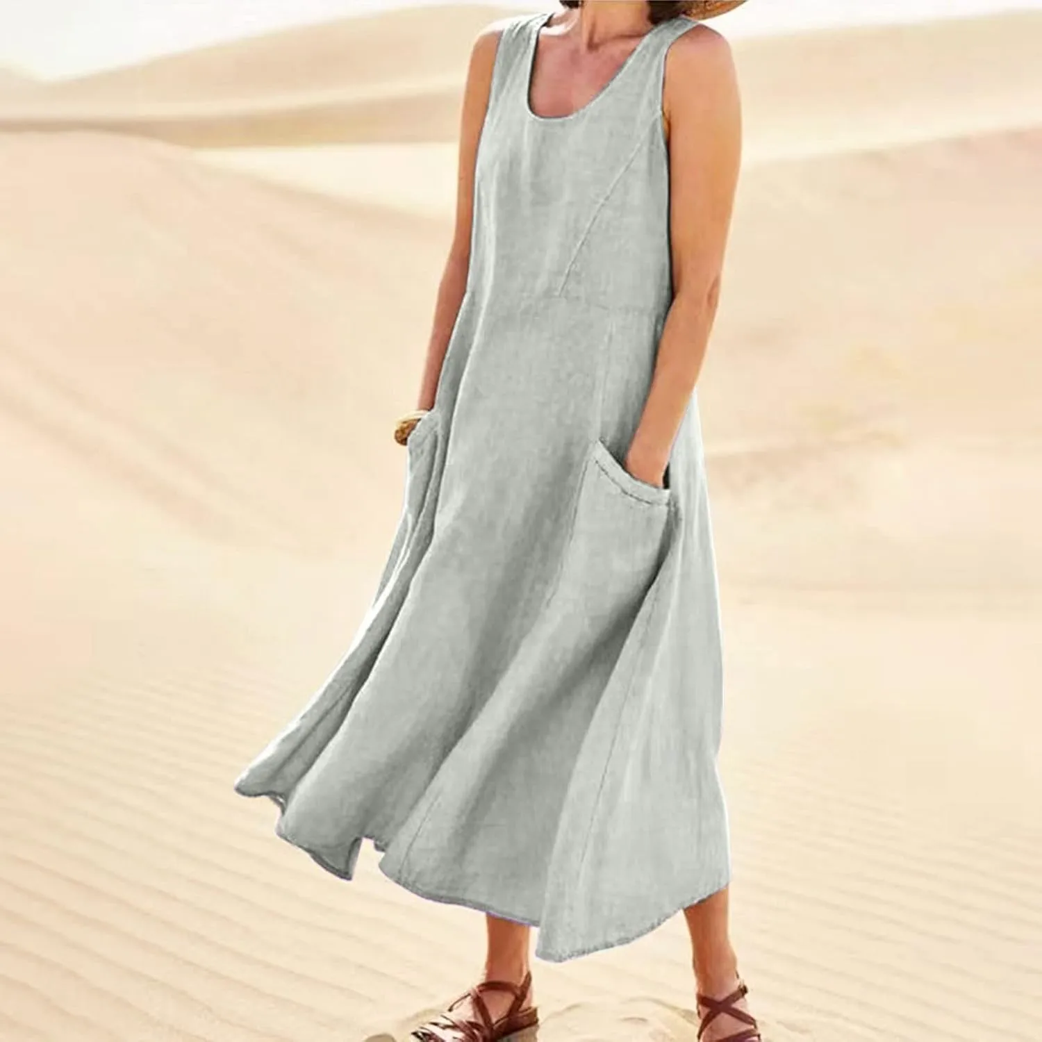 Women's Plus Size Summer Dresses Beach Sleeveless Cotton Linen Maxi Dress Flowy Boho Chic Casual Wear with Pockets