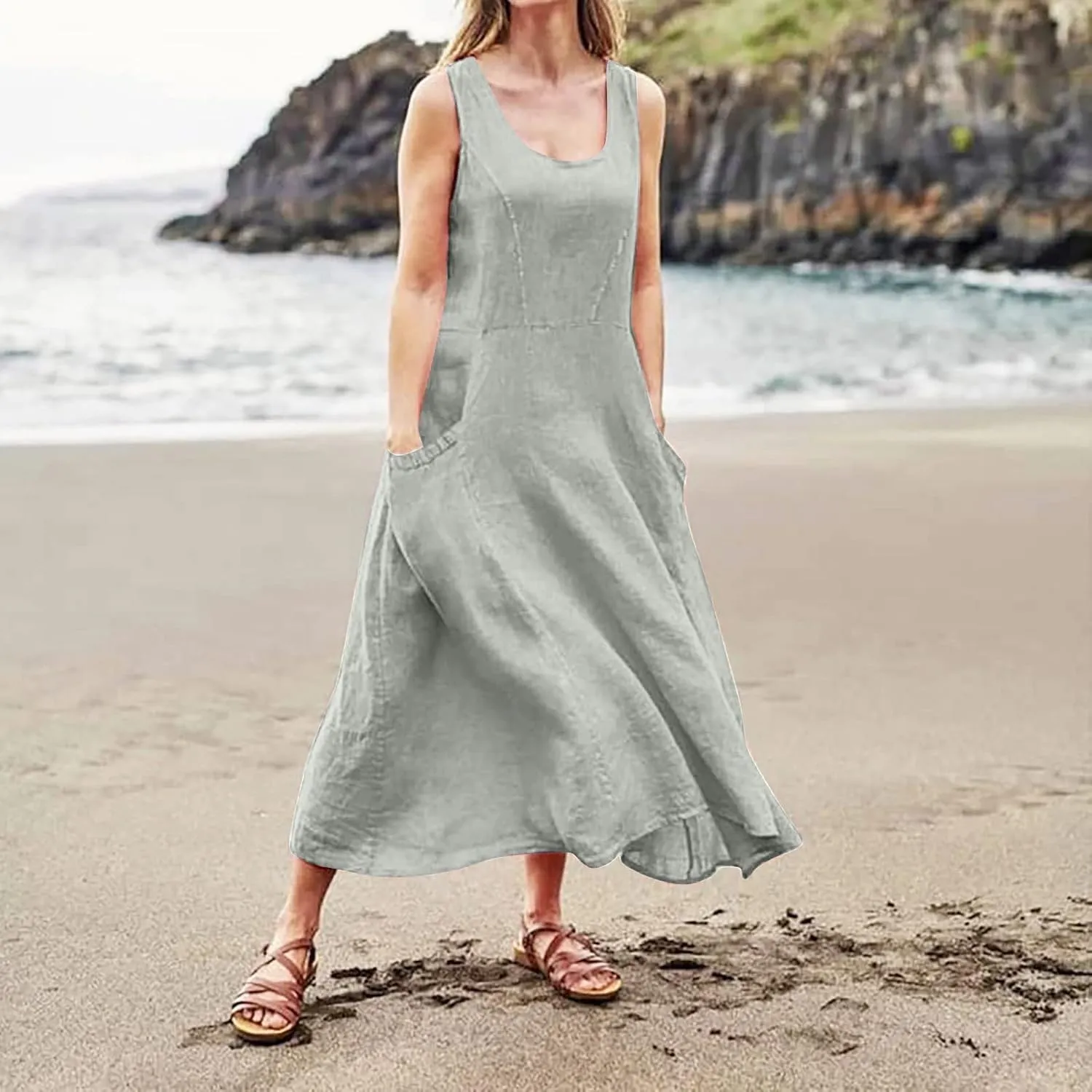Women's Plus Size Summer Dresses Beach Sleeveless Cotton Linen Maxi Dress Flowy Boho Chic Casual Wear with Pockets