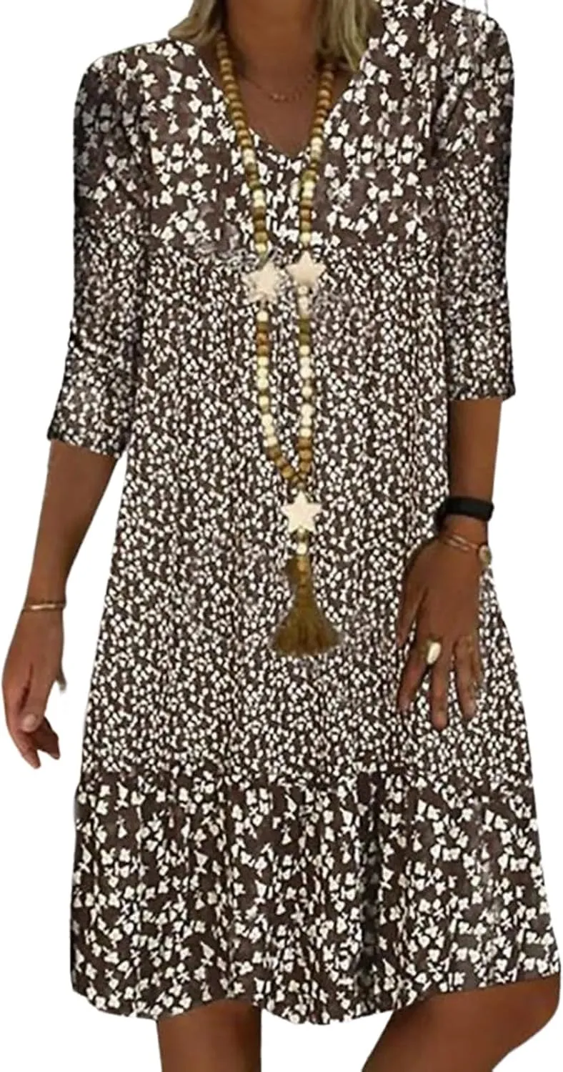 Women's Retro Floral Print Half Sleeve Mini Dress 2025 Summer Outfits Elegant V-Neck Shift Cocktail Party Short Dress