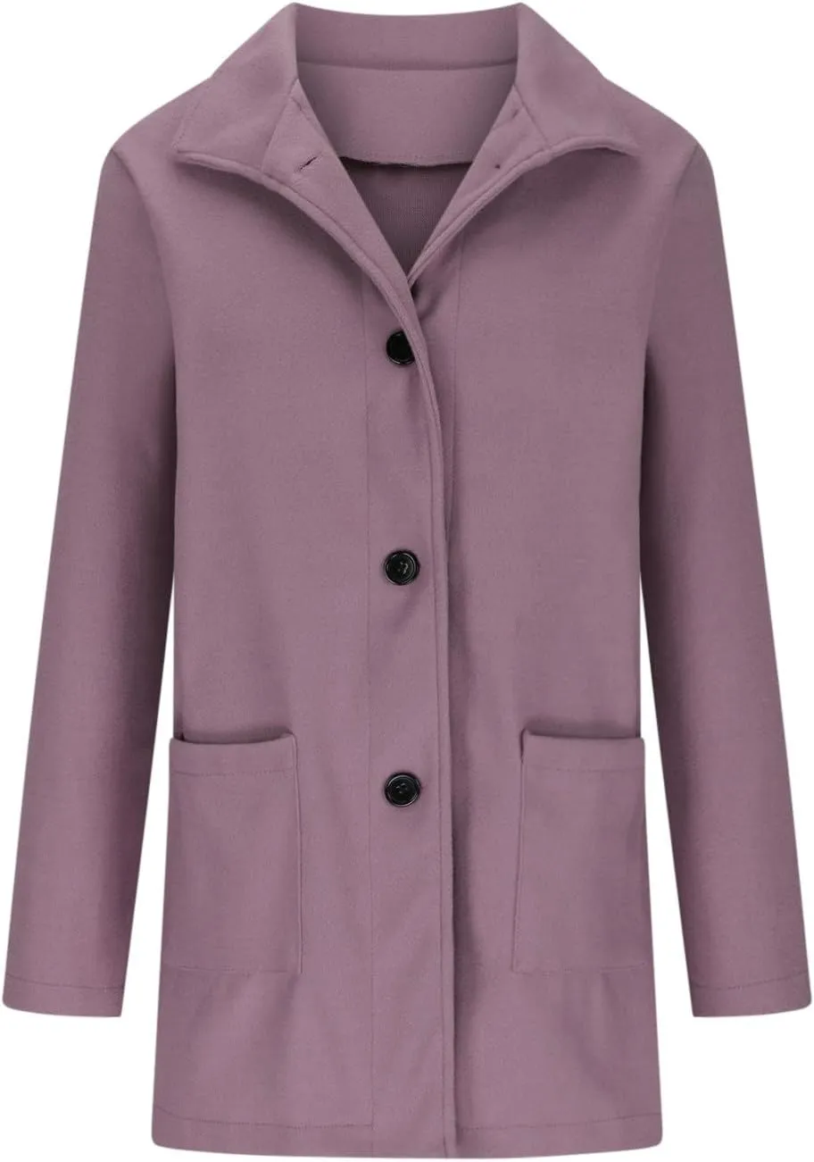 Womens Single-Breasted Wool Coats Casual Lapel Collared Oversized Trench Coat Soft Warm Winter Pea Coat Outwear