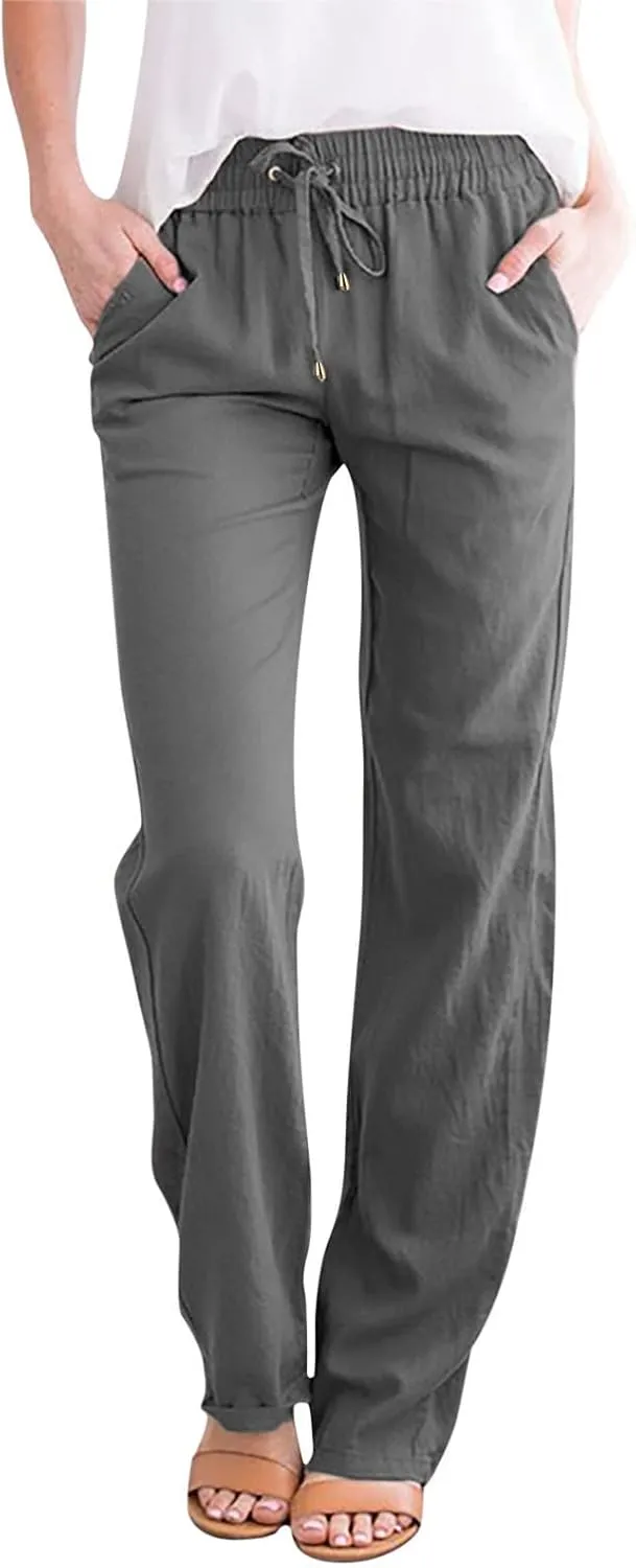 Womens Straight Leg Linen Pants 2025 Trendy Elastic High Waist Yoga Pants Sweatpants Comfy Loose Casual Beach Pants