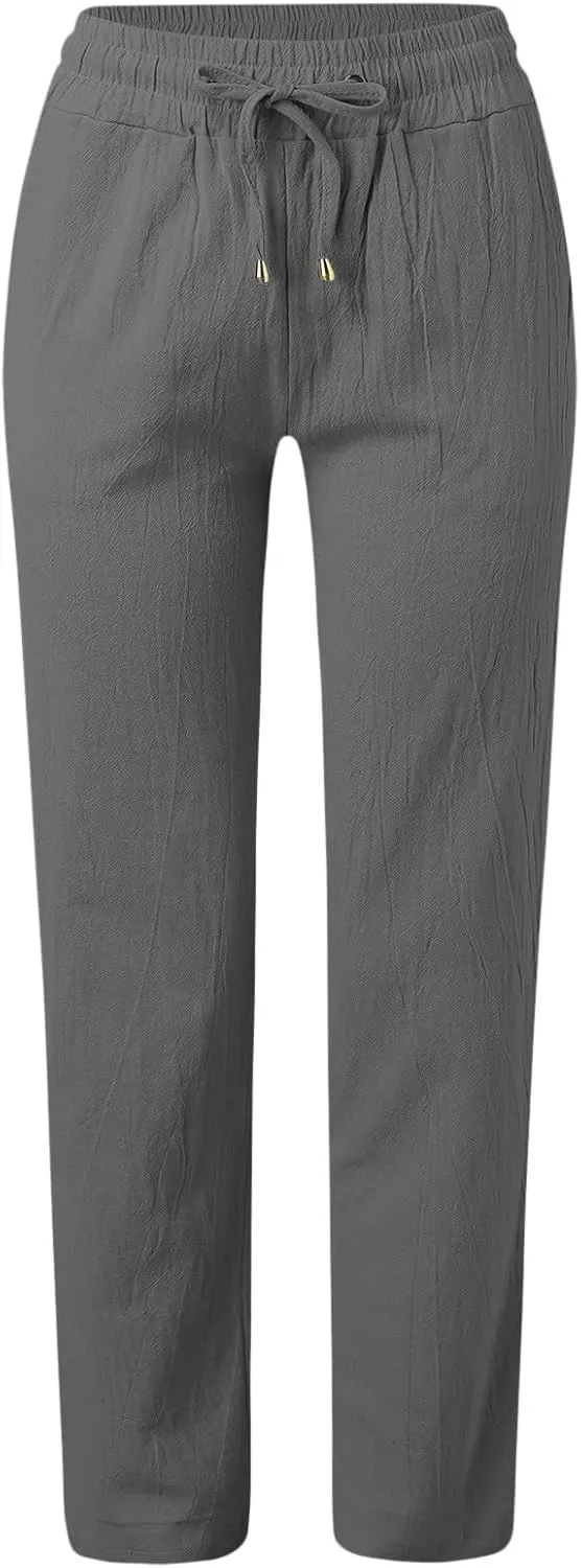 Womens Straight Leg Linen Pants 2025 Trendy Elastic High Waist Yoga Pants Sweatpants Comfy Loose Casual Beach Pants