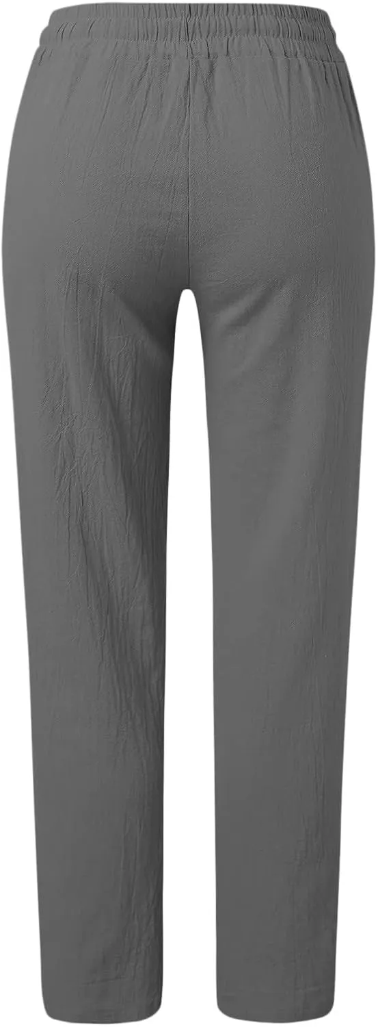 Womens Straight Leg Linen Pants 2025 Trendy Elastic High Waist Yoga Pants Sweatpants Comfy Loose Casual Beach Pants