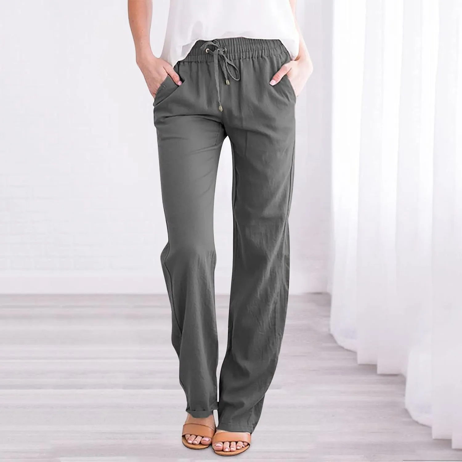 Womens Straight Leg Linen Pants 2025 Trendy Elastic High Waist Yoga Pants Sweatpants Comfy Loose Casual Beach Pants