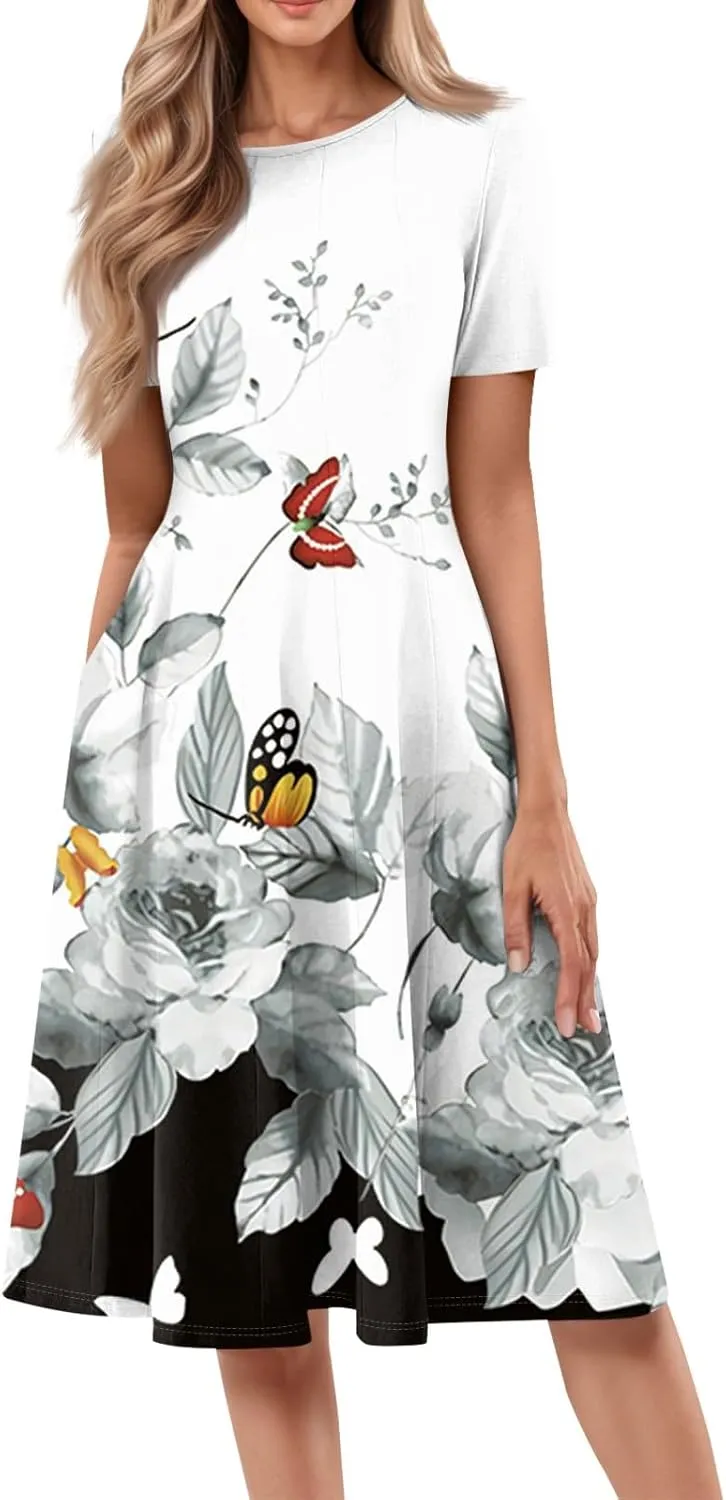 Womens Summer Dresses Flowy Casual Floral Print Short Sleeve Crew Neck Chic Boho Midi Sundresses with Pockets