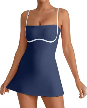 Womens Tennis Sleeveless Mini Dress Stretch Built in Bra Square Neck Fashion Comfy Workout Athletic Golf Dress