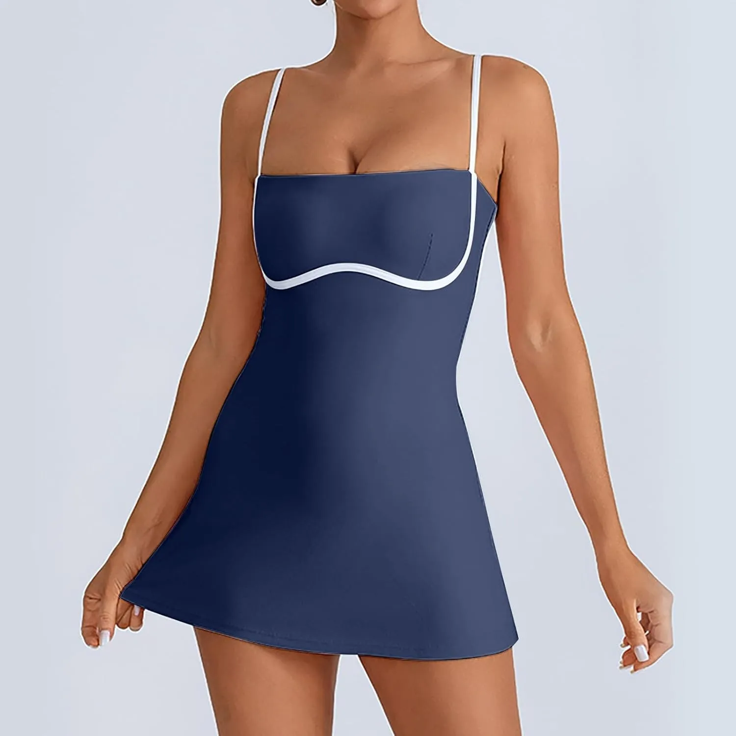 Womens Tennis Sleeveless Mini Dress Stretch Built in Bra Square Neck Fashion Comfy Workout Athletic Golf Dress