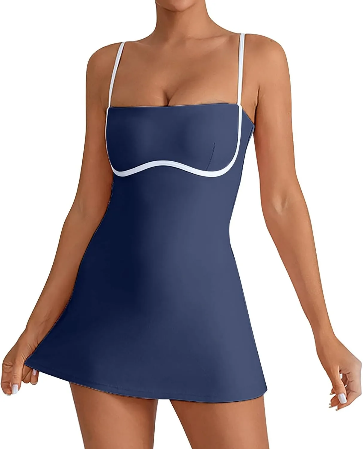 Womens Tennis Sleeveless Mini Dress Stretch Built in Bra Square Neck Fashion Comfy Workout Athletic Golf Dress