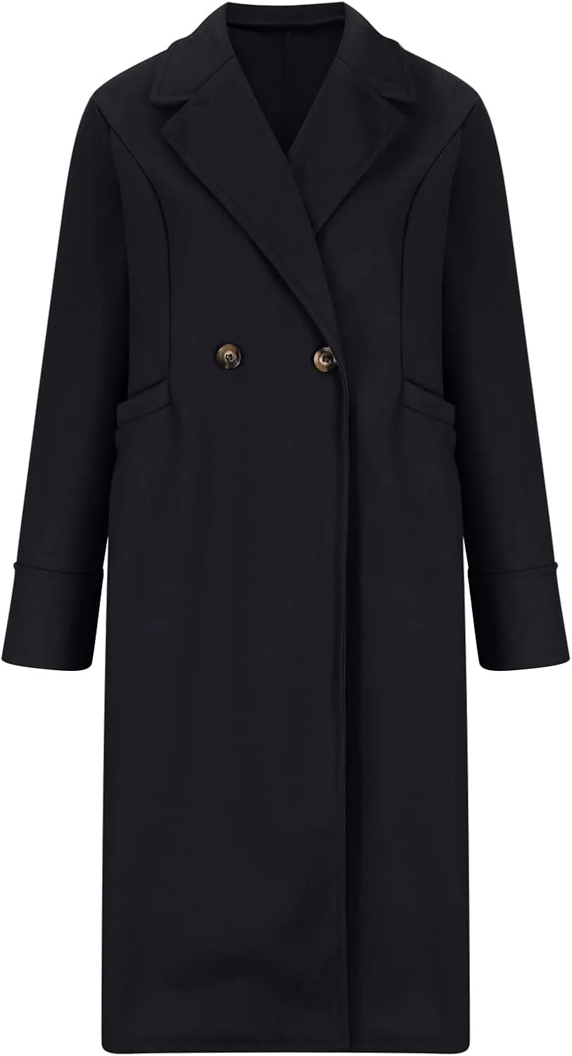 Womens Trench Coat Casual Double Breasted Notched Lapel Wool Coats Long Winter Pea Coats Work Office Jackets