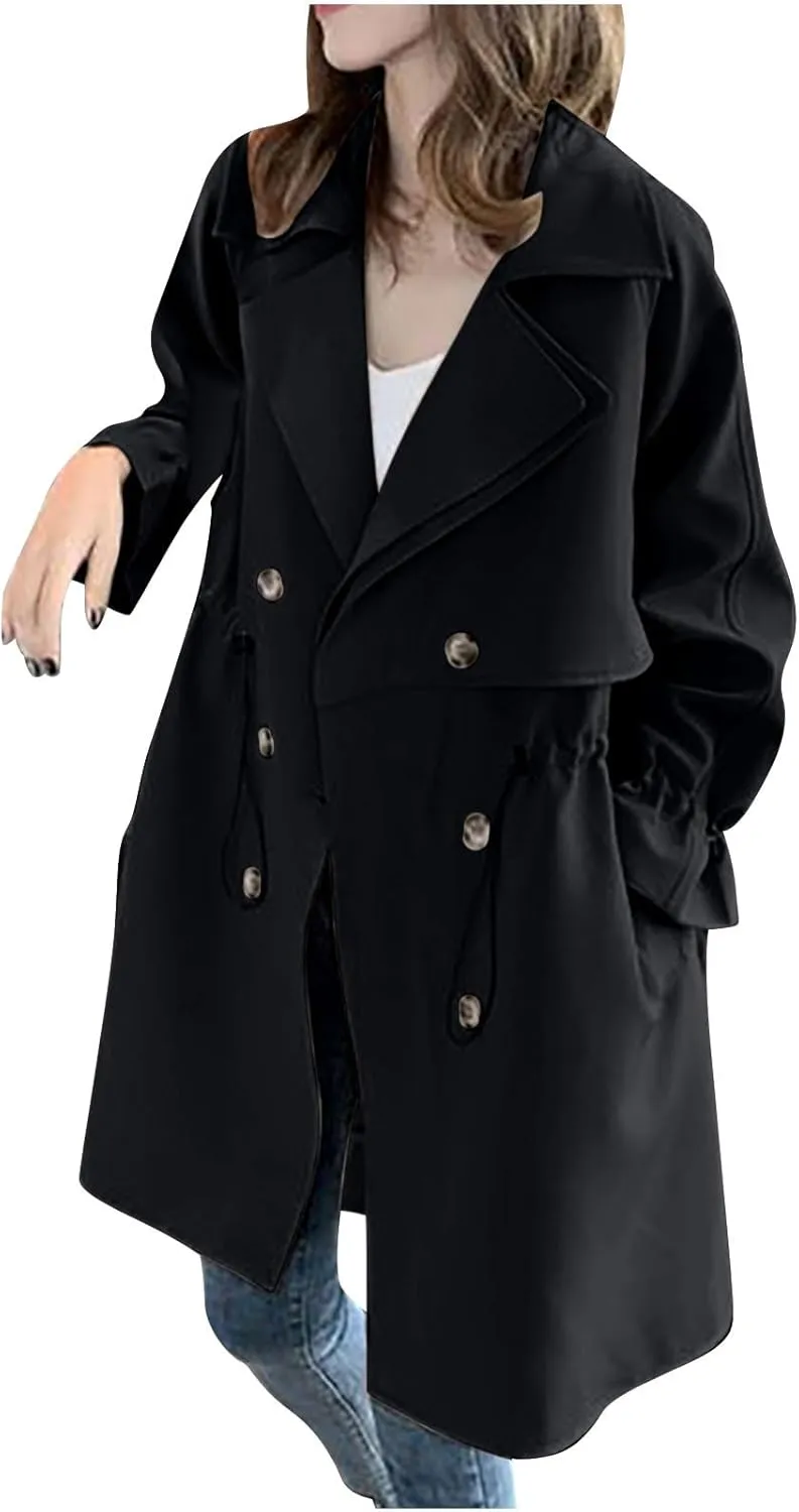 Women's Trench Coats Casual Long Sleeve Lapel Jackets Long Windbreaker Jacket Lightweight Overcoat with Pockets