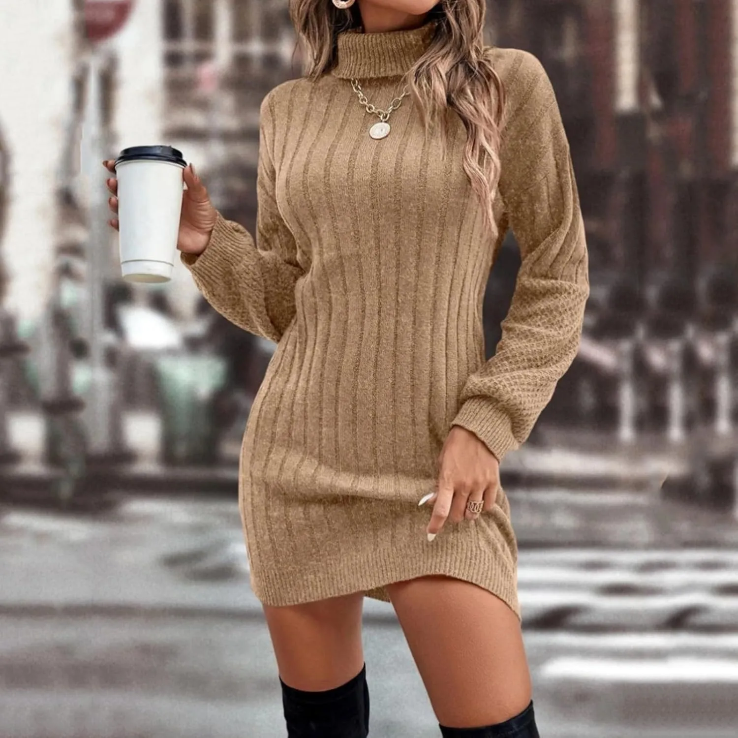 Womens Tunic Sweater Dress Cable Knit Turtleneck Long Sleeve Sweatshirt Dress Petite Light Mini Dresses Fall Winter Jumper
