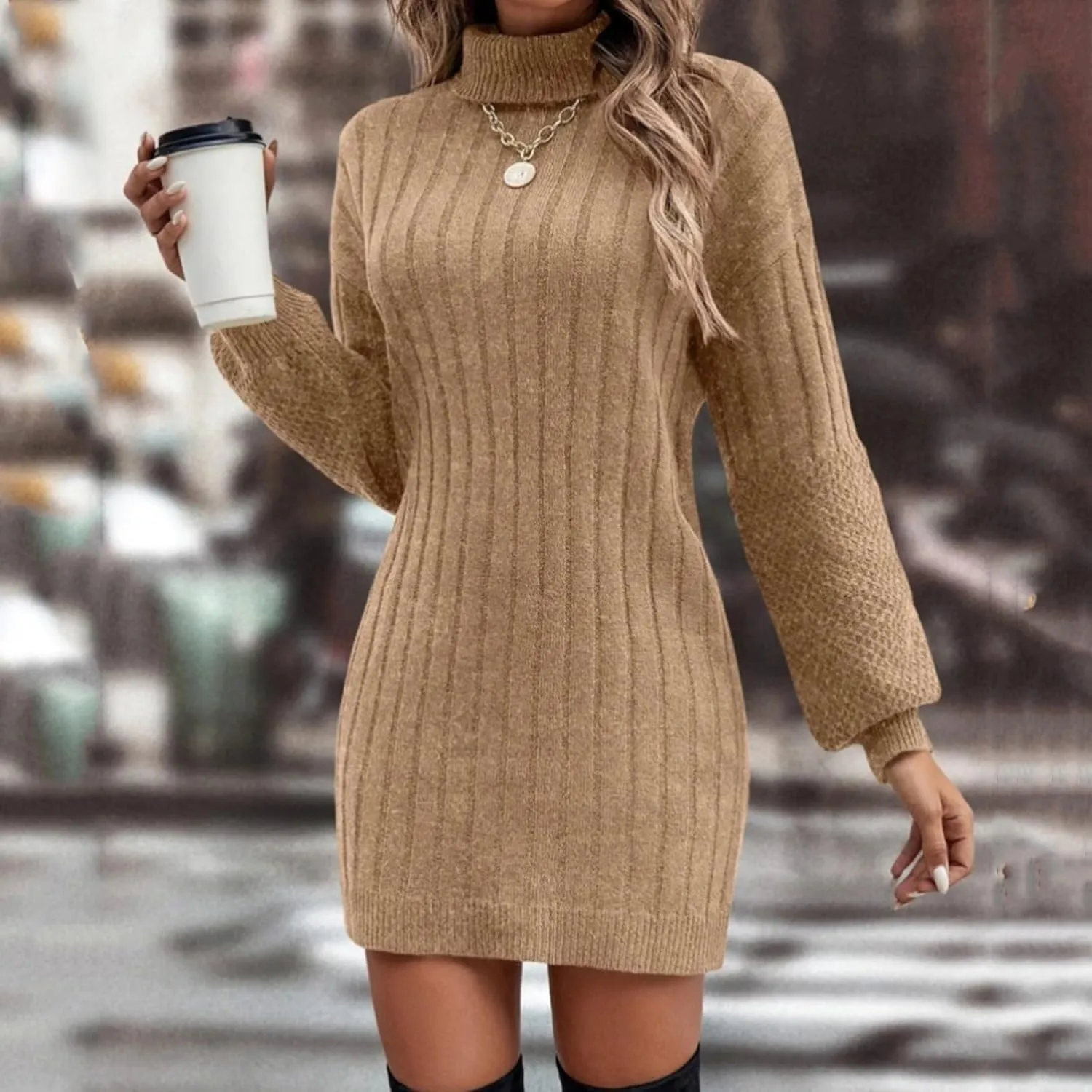 Womens Tunic Sweater Dress Cable Knit Turtleneck Long Sleeve Sweatshirt Dress Petite Light Mini Dresses Fall Winter Jumper