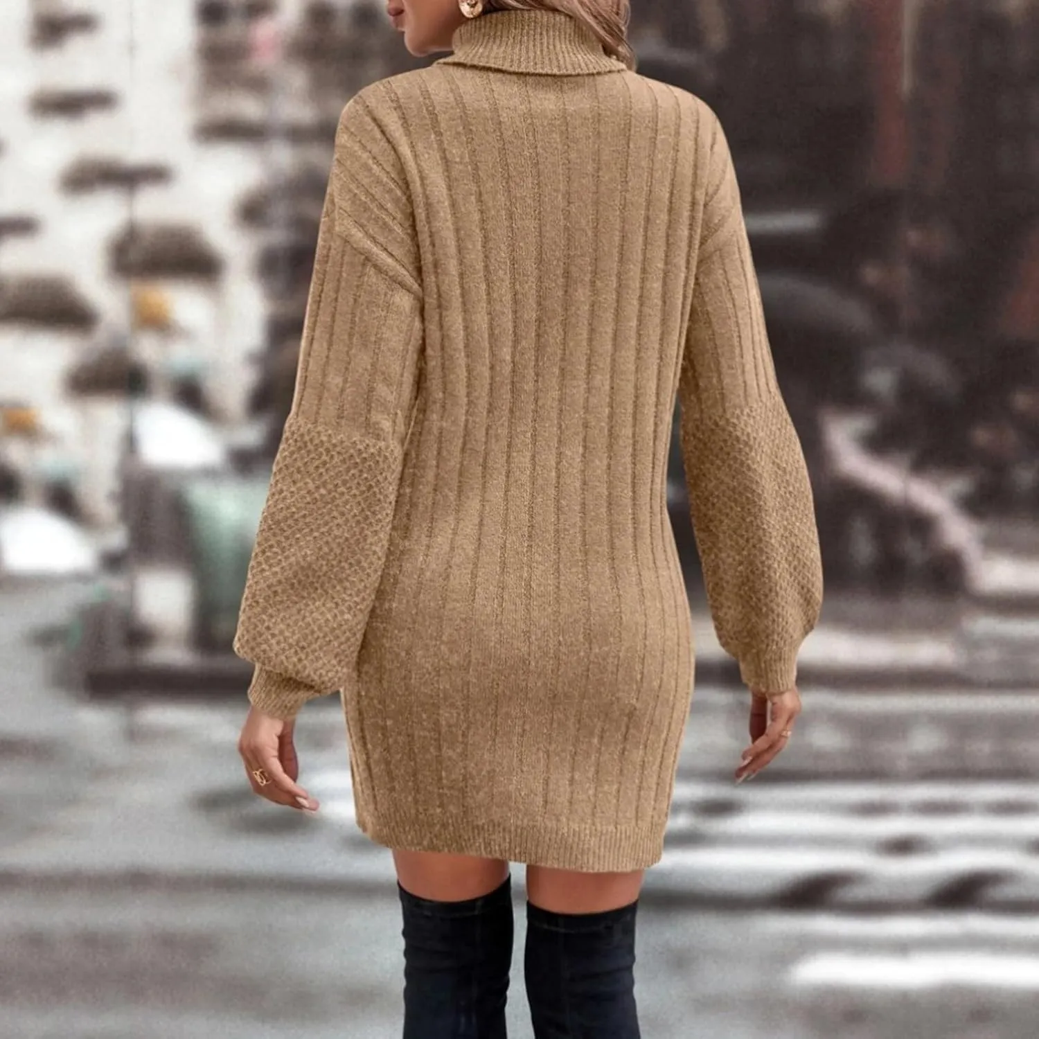 Womens Tunic Sweater Dress Cable Knit Turtleneck Long Sleeve Sweatshirt Dress Petite Light Mini Dresses Fall Winter Jumper