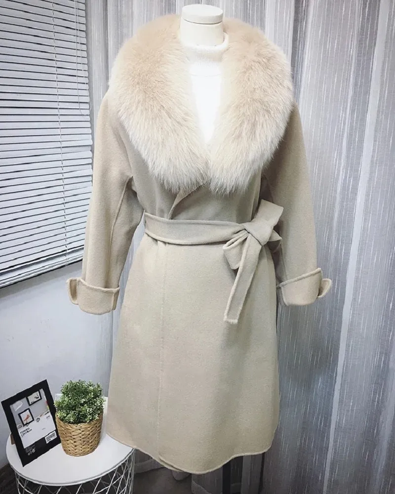 Women's Winter Casual Cashmere Long Trench With Fox Fur