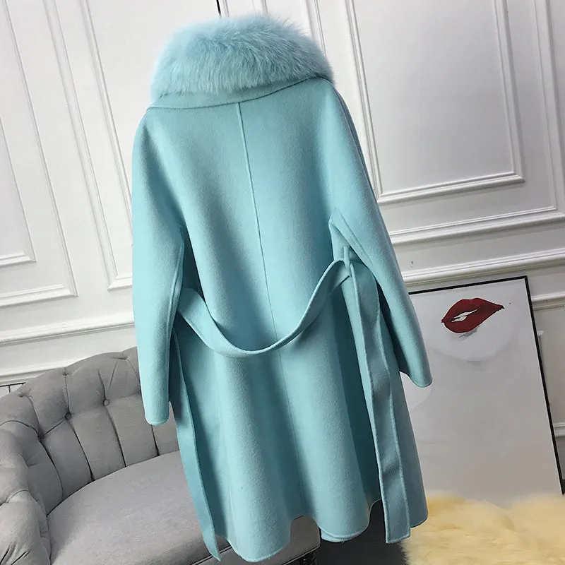 Women's Winter Casual Cashmere Long Trench With Fox Fur