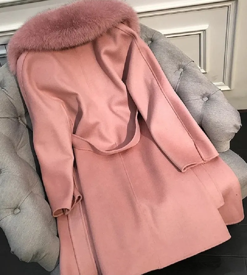 Women's Winter Casual Cashmere Long Trench With Fox Fur