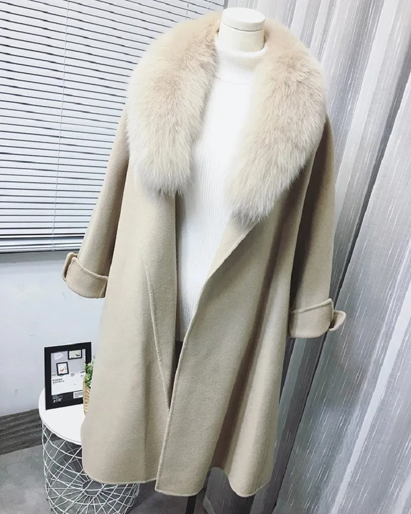 Women's Winter Casual Cashmere Long Trench With Fox Fur