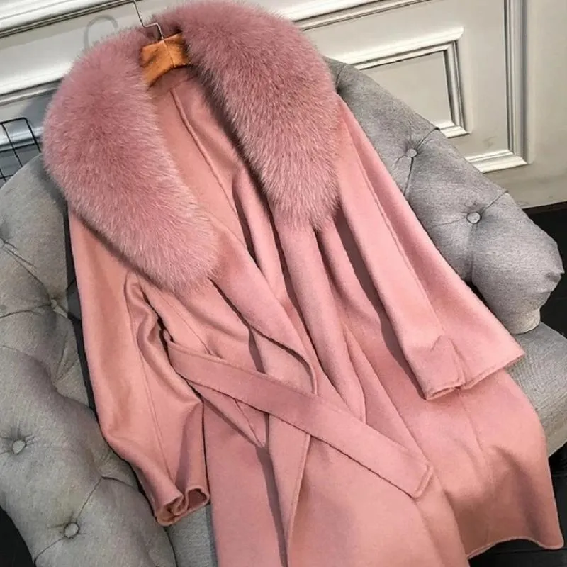 Women's Winter Casual Cashmere Long Trench With Fox Fur