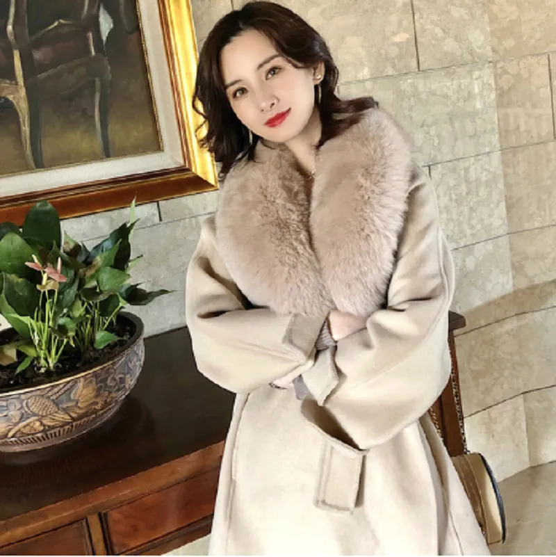 Women's Winter Casual Cashmere Long Trench With Fox Fur
