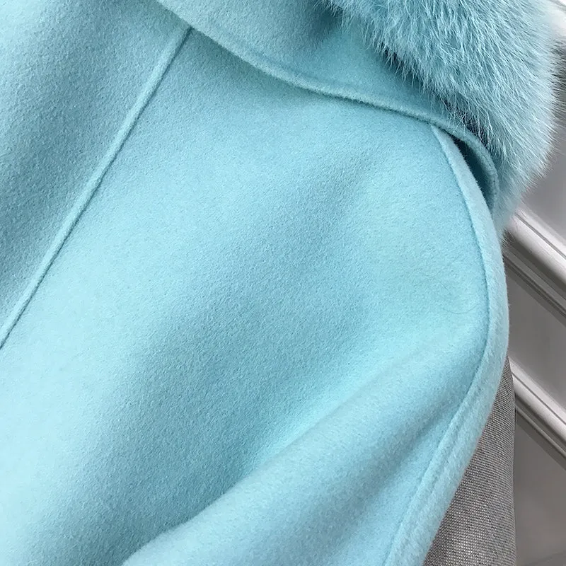 Women's Winter Casual Cashmere Long Trench With Fox Fur