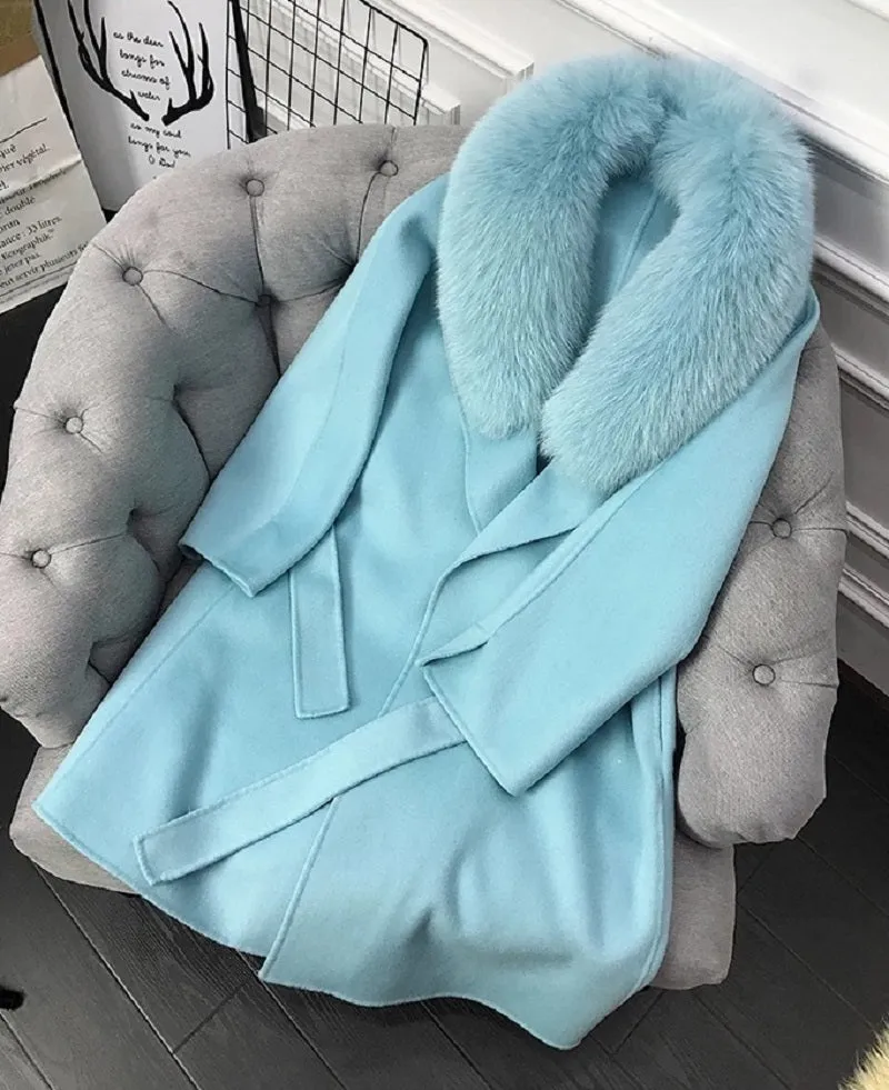 Women's Winter Casual Cashmere Long Trench With Fox Fur